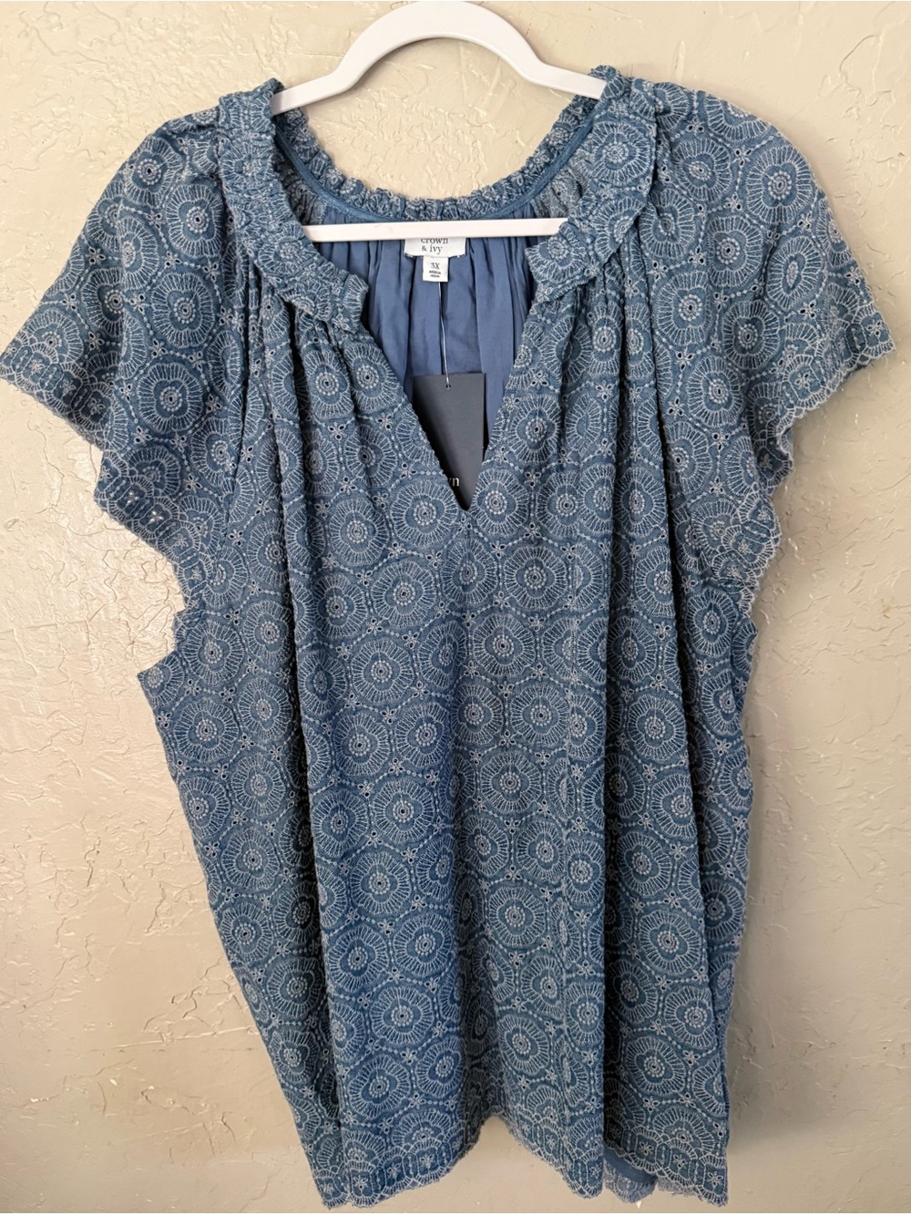 crown & ivy Blue Embroidered Split-Neck Tunic